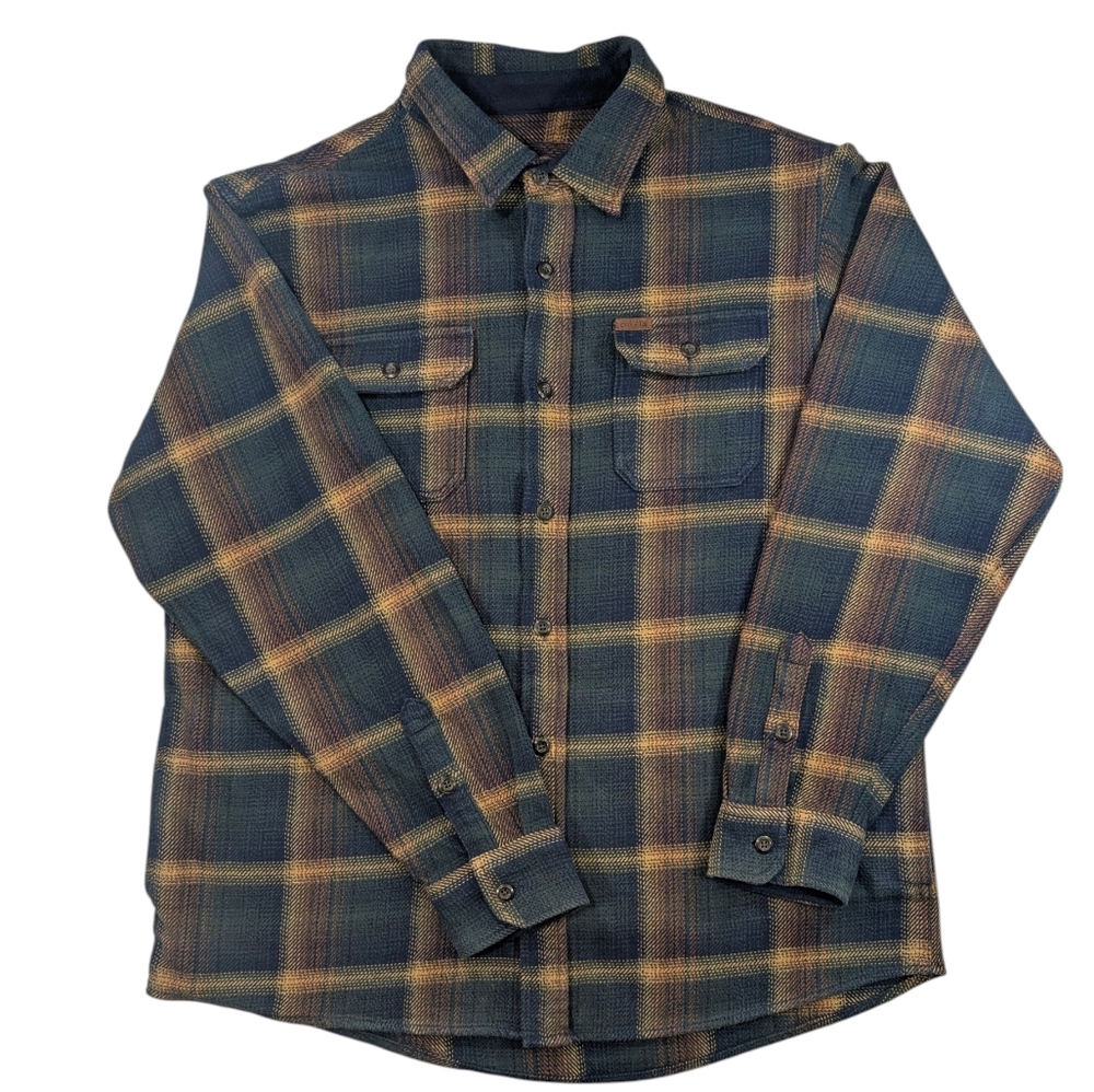 Orvis cotton earthy, green, gold, blue plaid flannel. XL